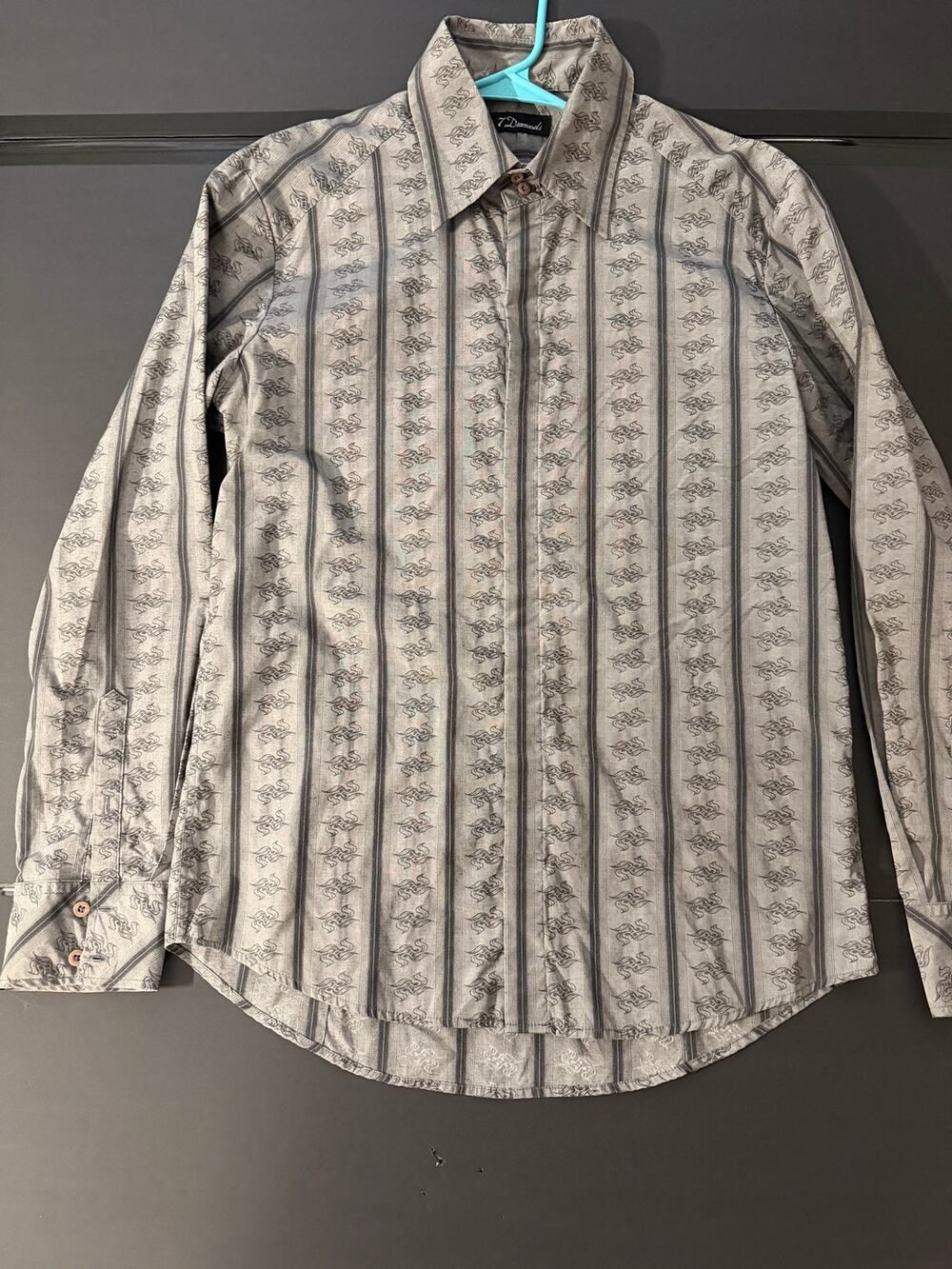 7 Diamonds Mens Large Button Up Shirt Gray Black Striped Graphic Long Sleeve